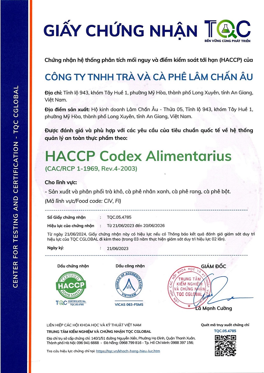 chung nhan HACCP ca phe lam chan au